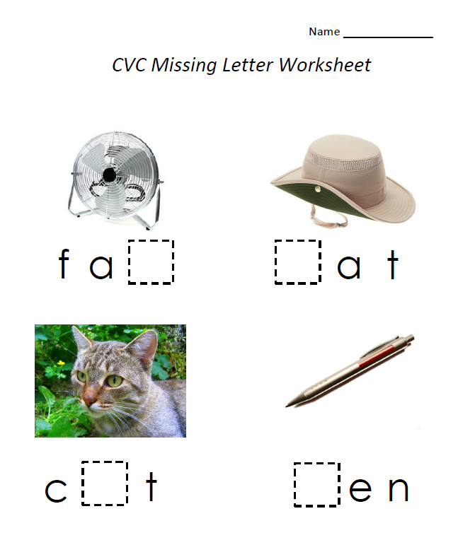 FREE Worksheet for Preschool/Kindergarten; CVC Fill in the Missing